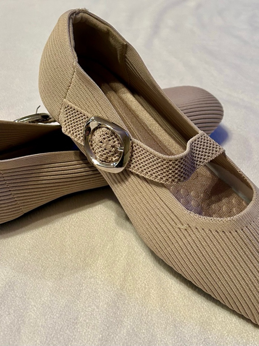 Amazon Taupe Knit Mary Jane Flats with Silver Buckle